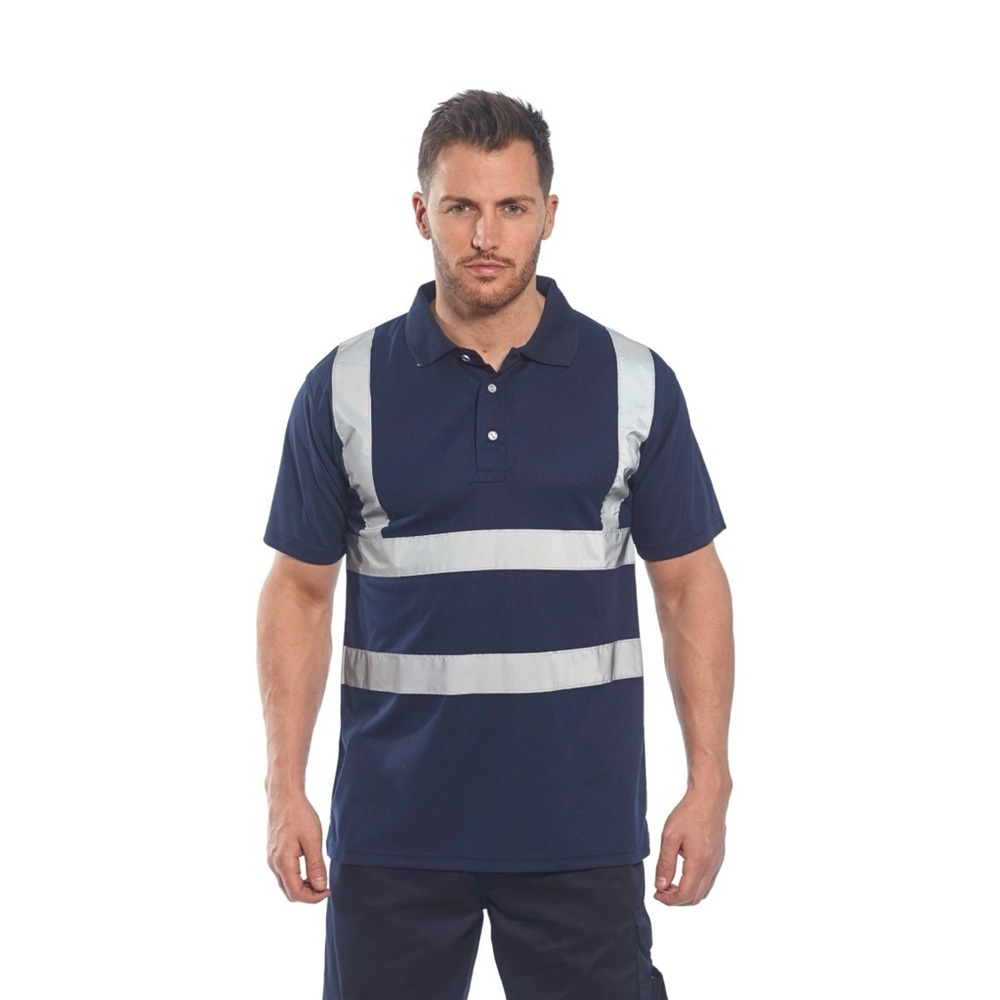 PORTWEST Blue and Gray Iona Polo Shirt with Reflective Stripes SIZE Large